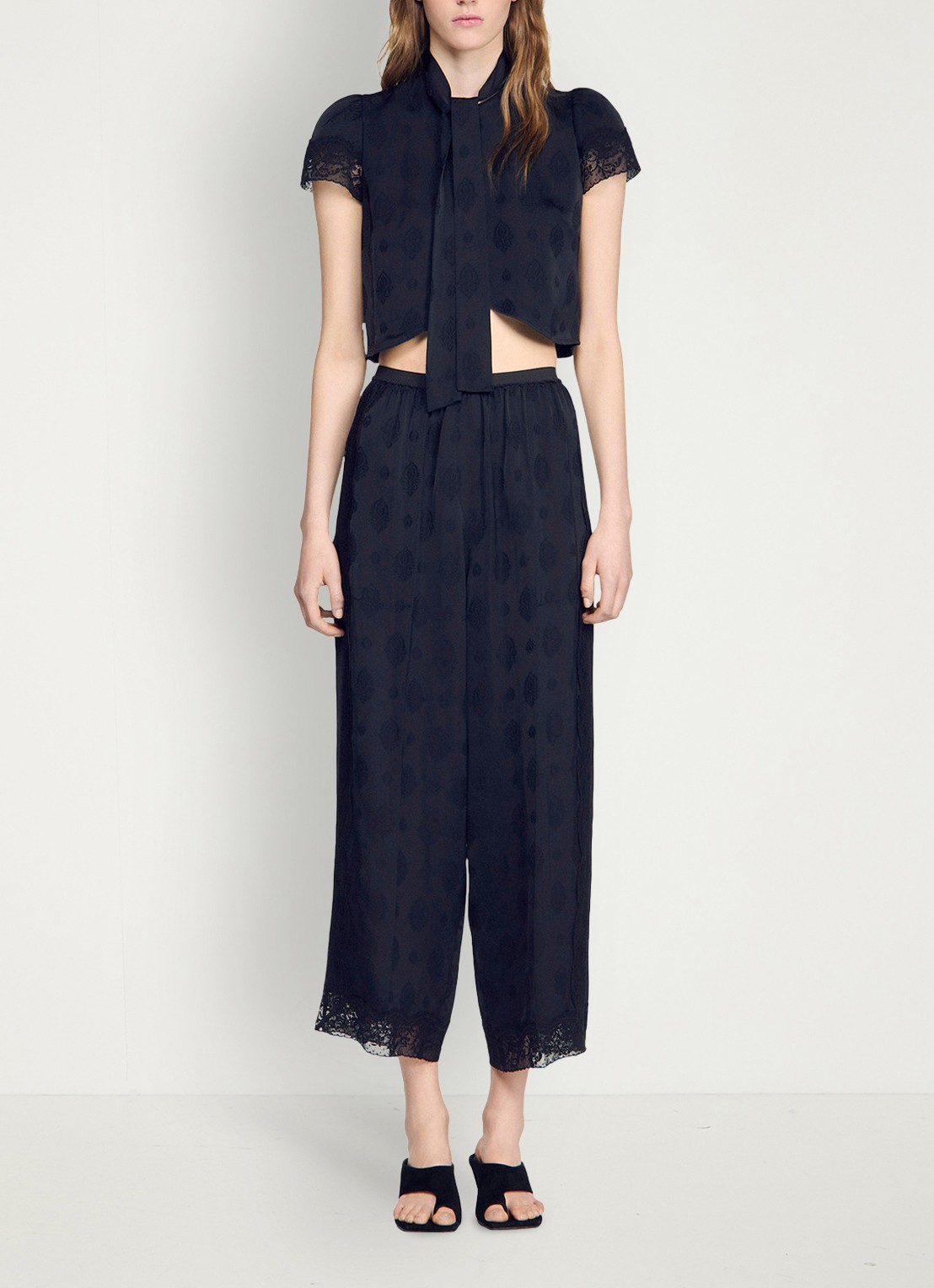 Sandro High waist wide fit pantalon met jacquard dessin en zakken - detail 5 black / zwart