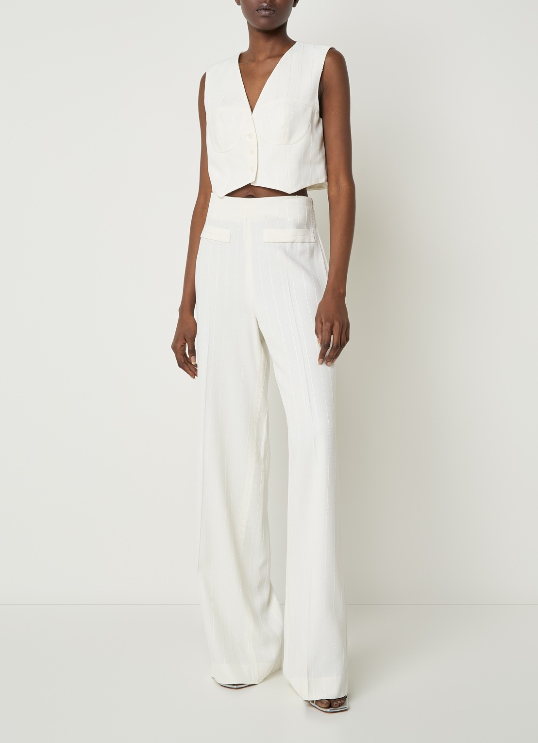 Sandro High waist wide fit pantalon met pailletten - voorkant 4 gebroken wit