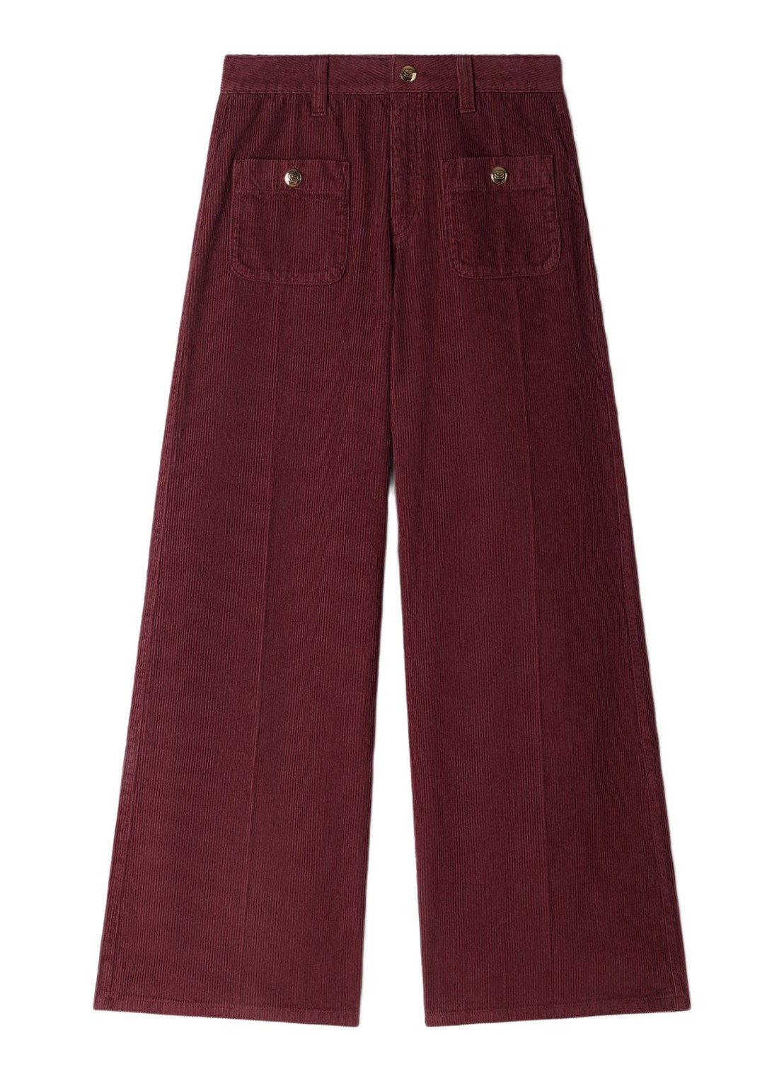 Sandro High waist wide fit pantalon van corduroy - voorkant bordeauxrood