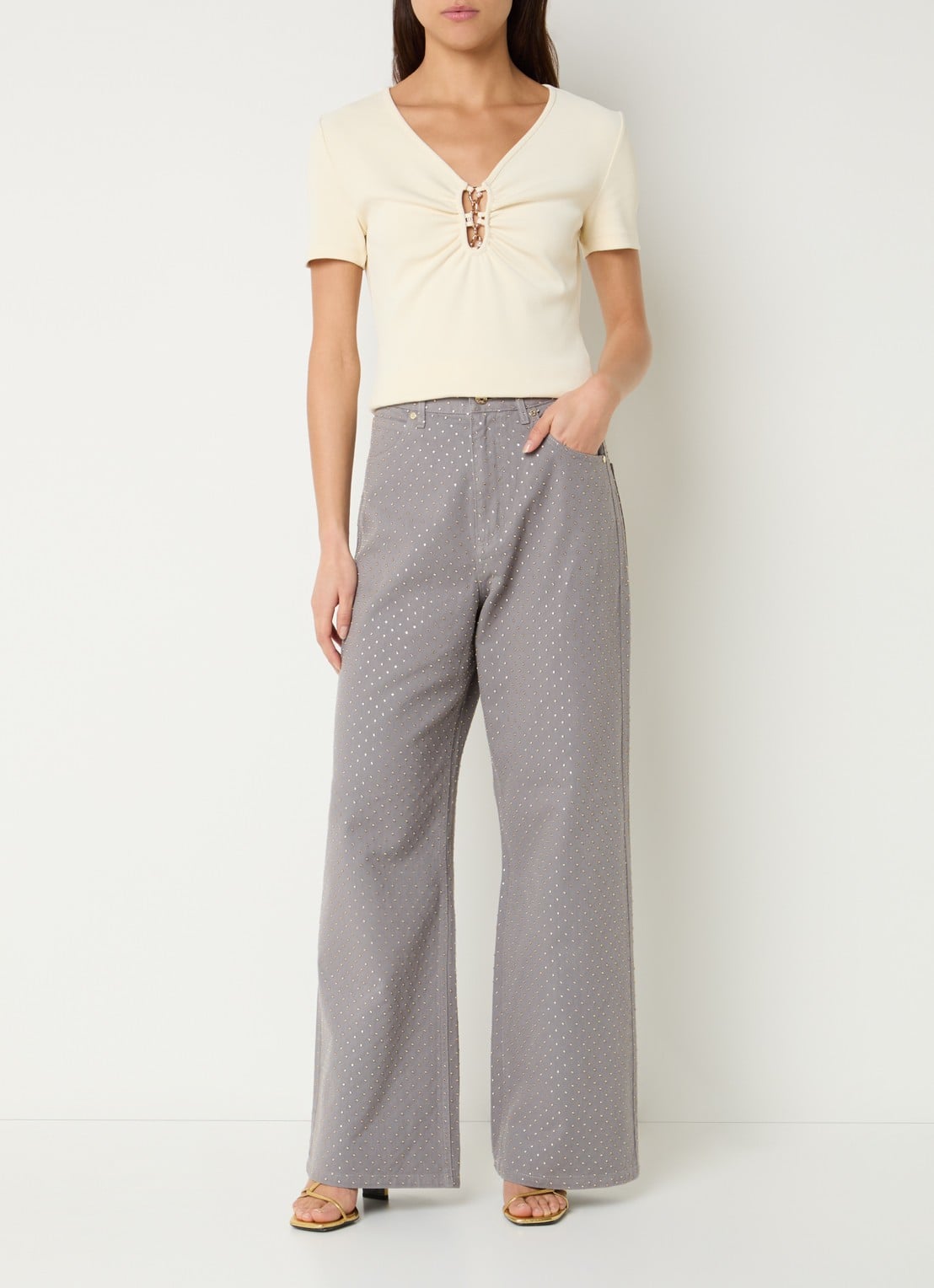 Sandro High waist wide leg jeans met gekleurde wassing en strass - voorkant 2 grijs