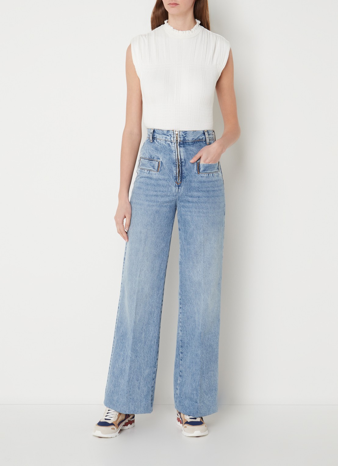 Sandro High waist wide leg jeans met lichte wassing - voorkant 3 indigo