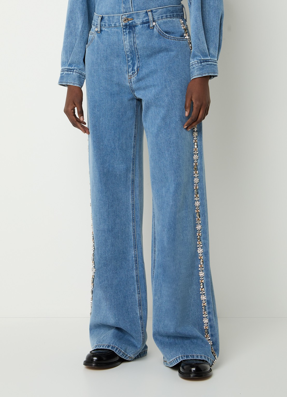 Sandro High waist wide leg jeans met medium wassing en strass - detail 4 indigo