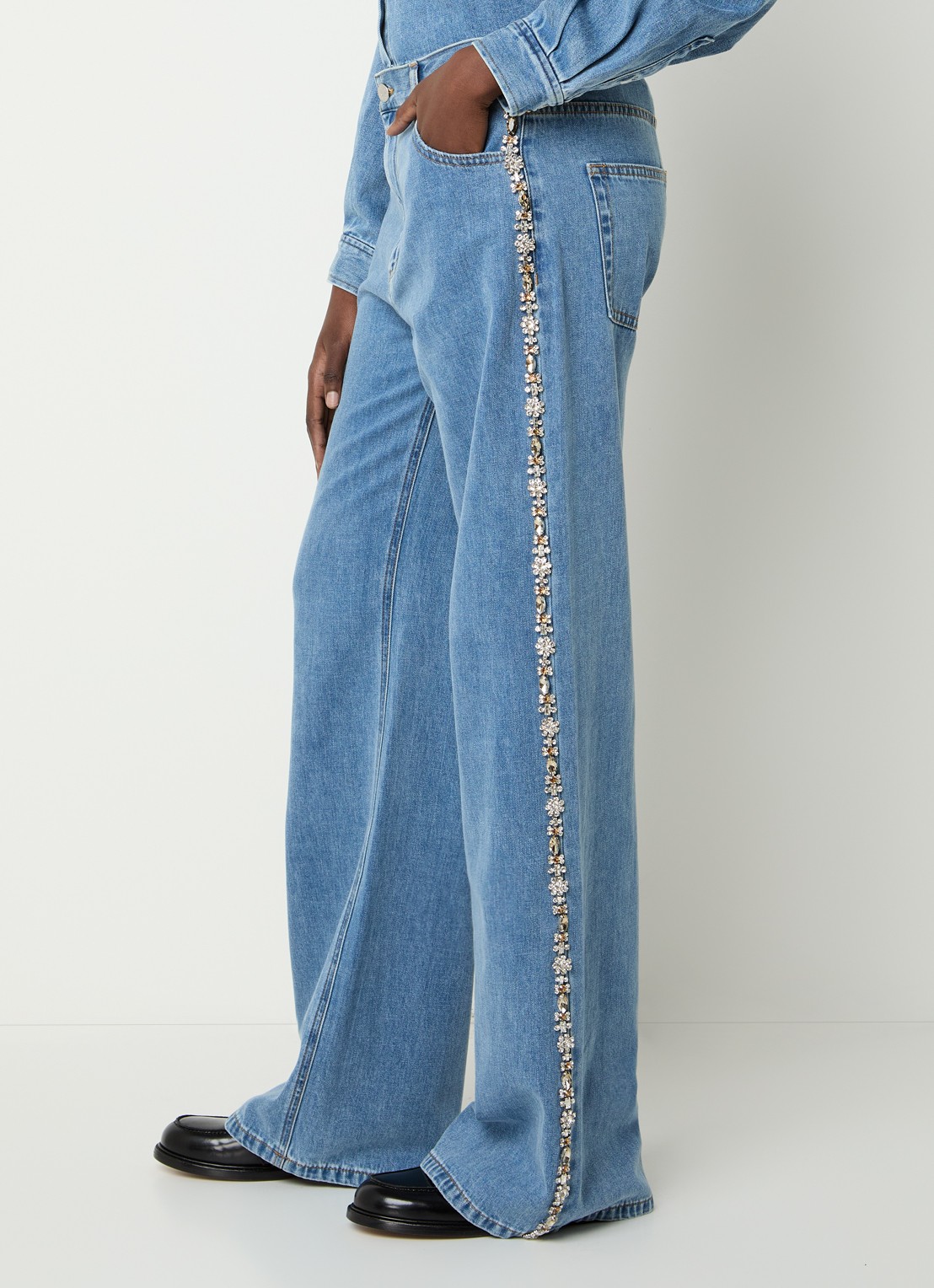 Sandro High waist wide leg jeans met medium wassing en strass - detail 5 indigo