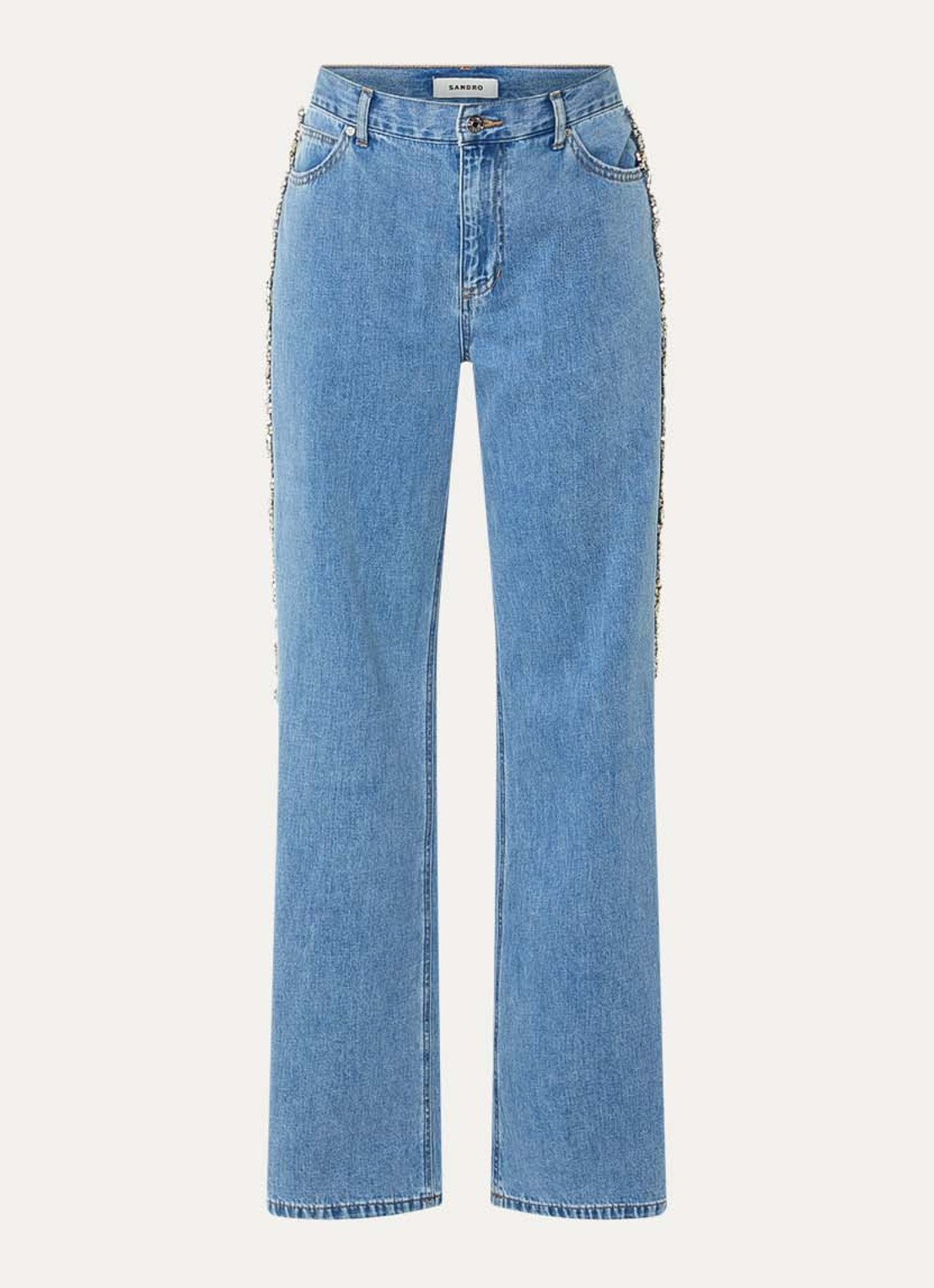 Sandro High waist wide leg jeans met medium wassing en strass - voorkant indigo