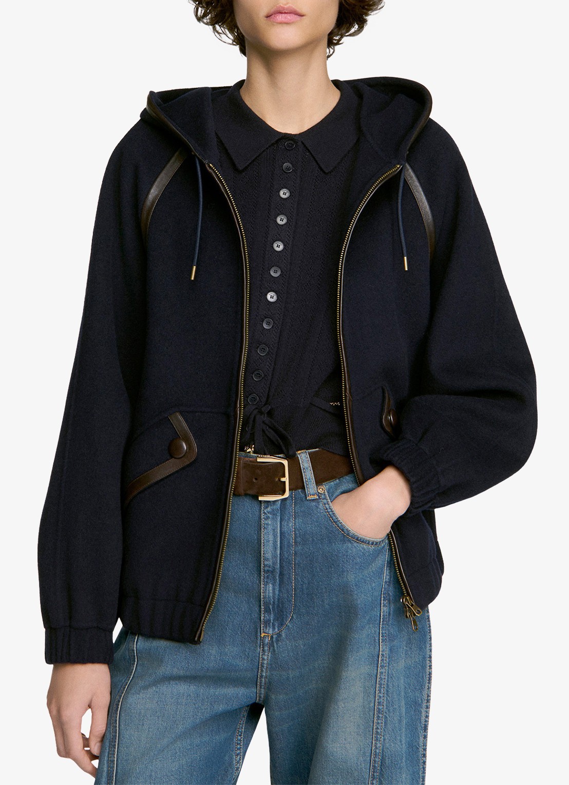 Sandro Jack van wol met details van leer - detail 3 donkerblauw