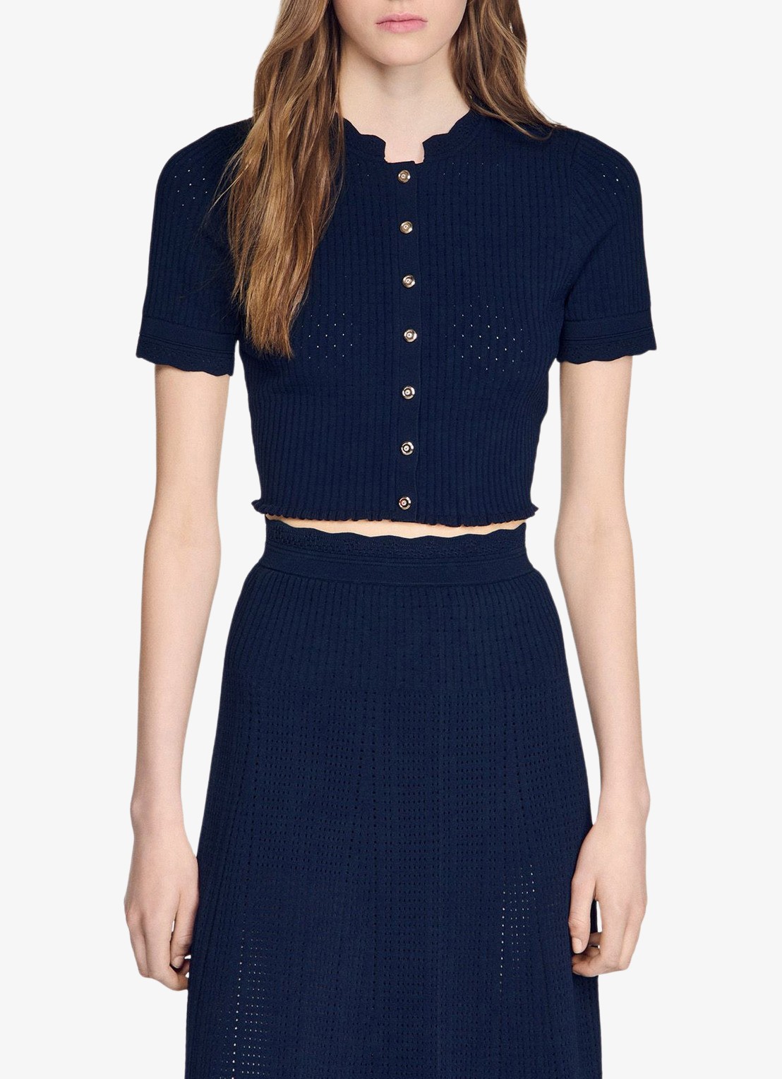 Sandro Kort gebreid vest met pointelle-details - detail 3 blauw