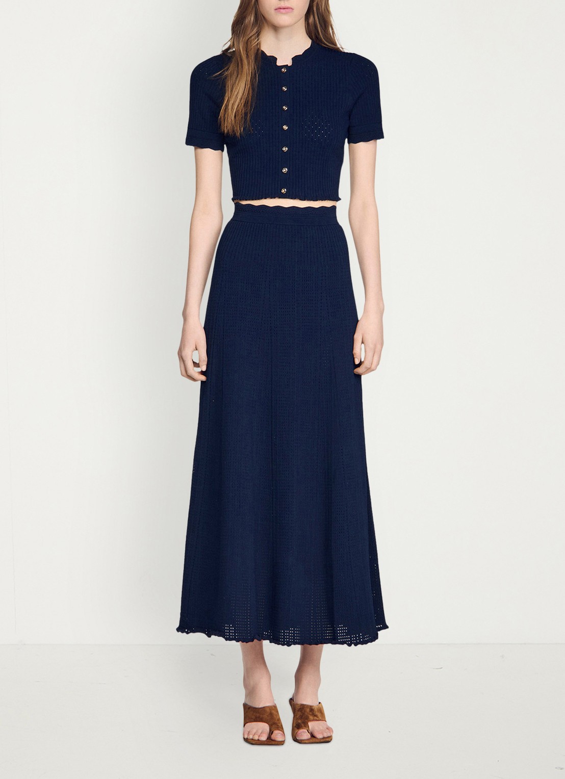 Sandro Kort gebreid vest met pointelle-details - detail 4 blauw