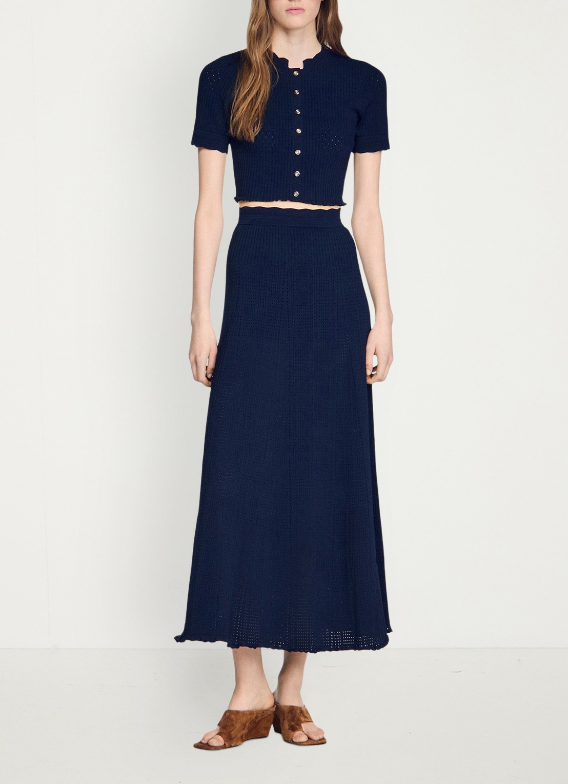 Sandro Kort gebreid vest met pointelle-details - voorkant 2 blauw