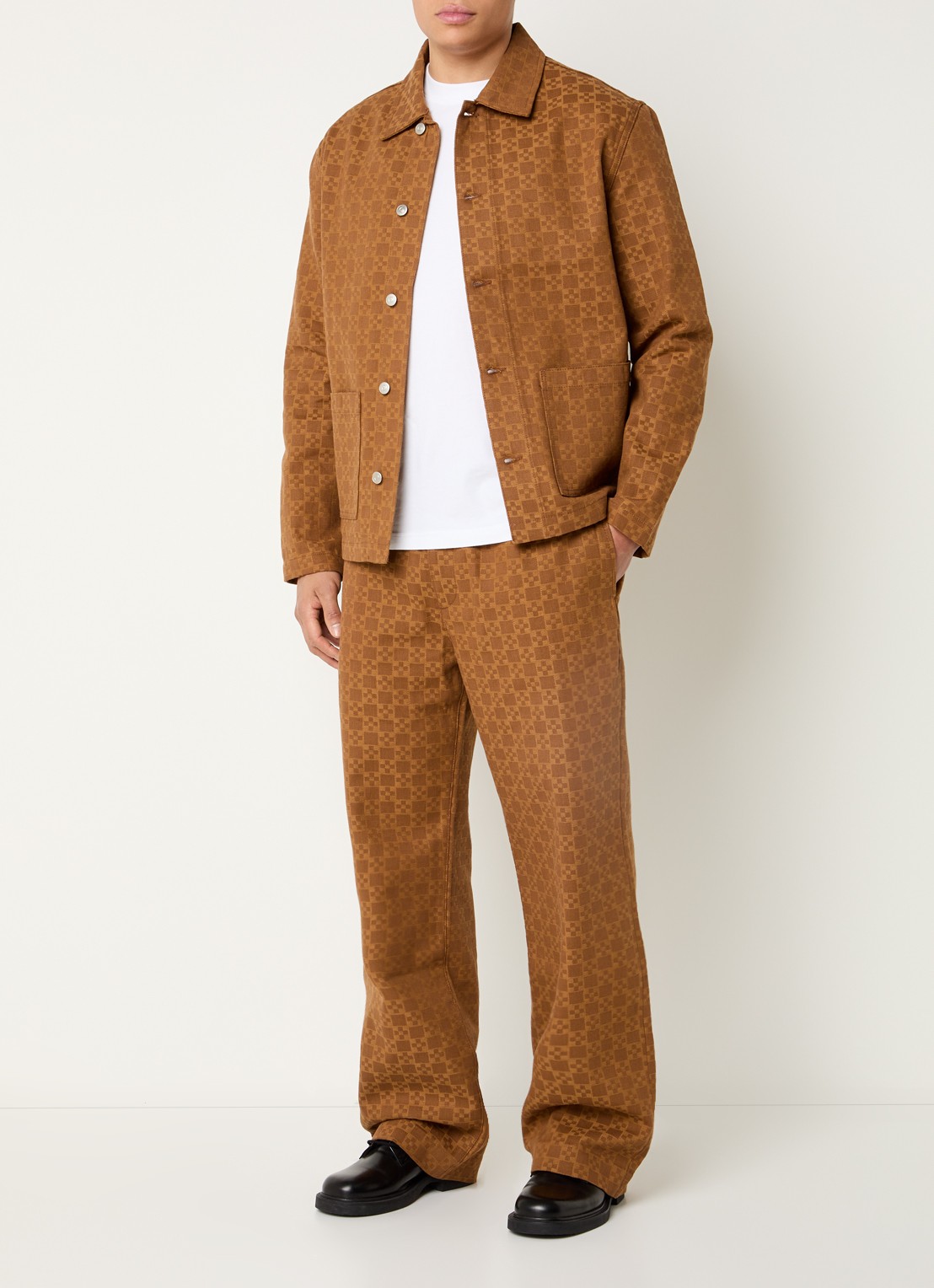 Sandro Loose fit broek van denim met ruit dessin  - voorkant 4 camel