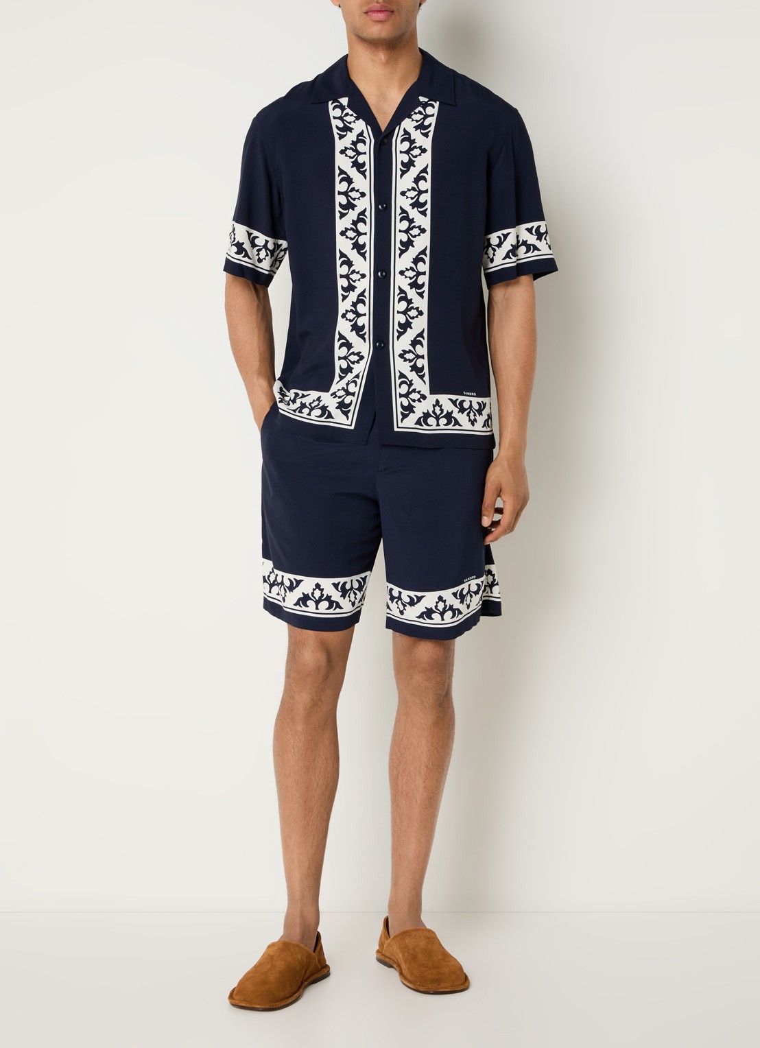 Sandro Loose fit korte broek met print - voorkant 2 donkerblauw