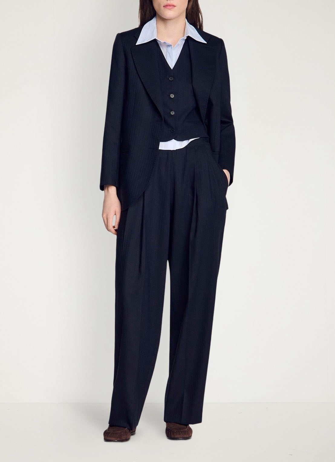 Sandro Loose fit pantalon met steekzakken en krijtstreep - voorkant 2 blauw