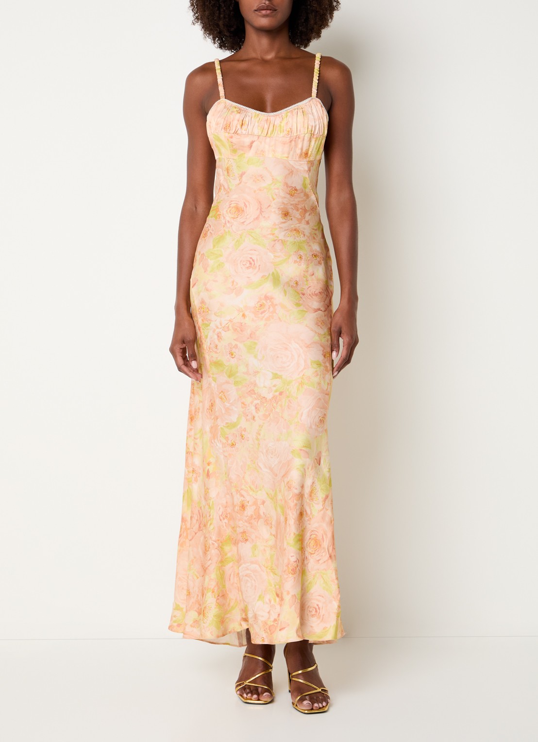 Sandro Maxi jurk met bloemenprint en rugdecolleté - detail 3 abrikoos