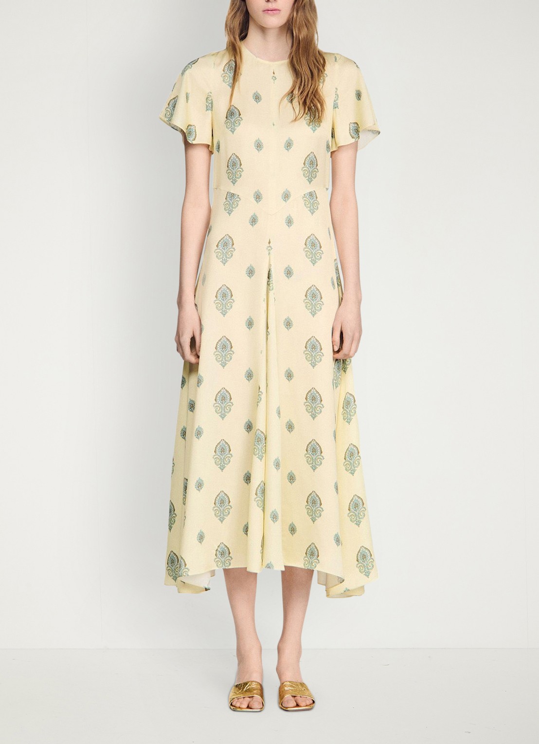 Sandro Maxi jurk met paisley dessin - voorkant 2 lichtgeel