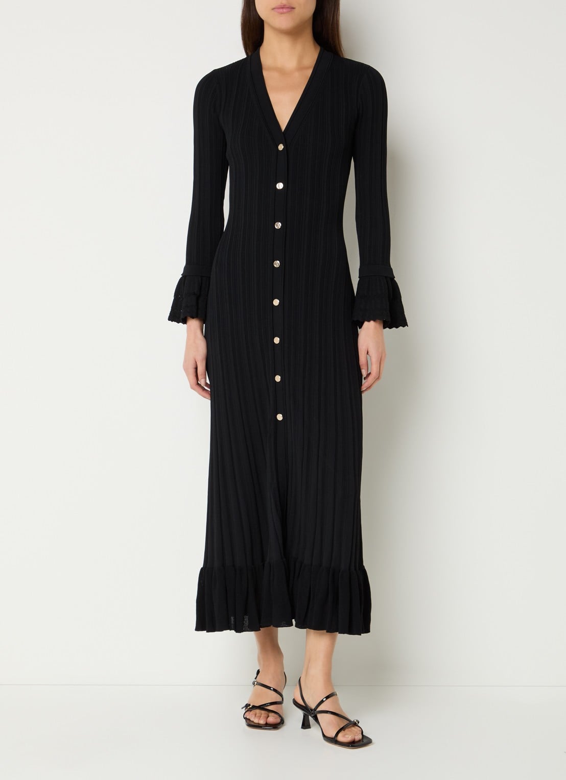 Sandro Maxi jurk met ribstructuur en V-hals - detail 4 zwart