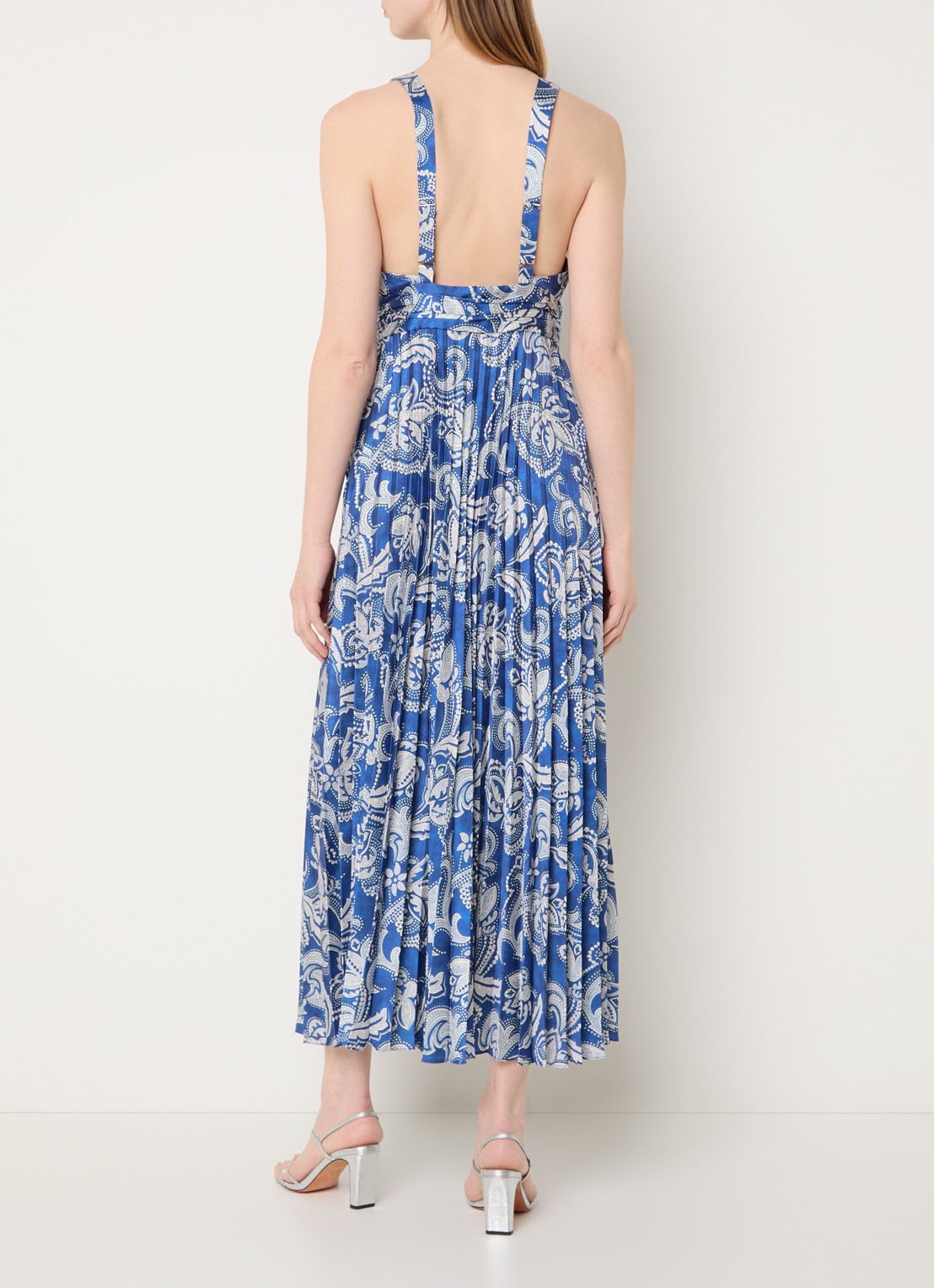 Sandro Maxi jurk van satijn met bloemenprint - achterkant donkerblauw