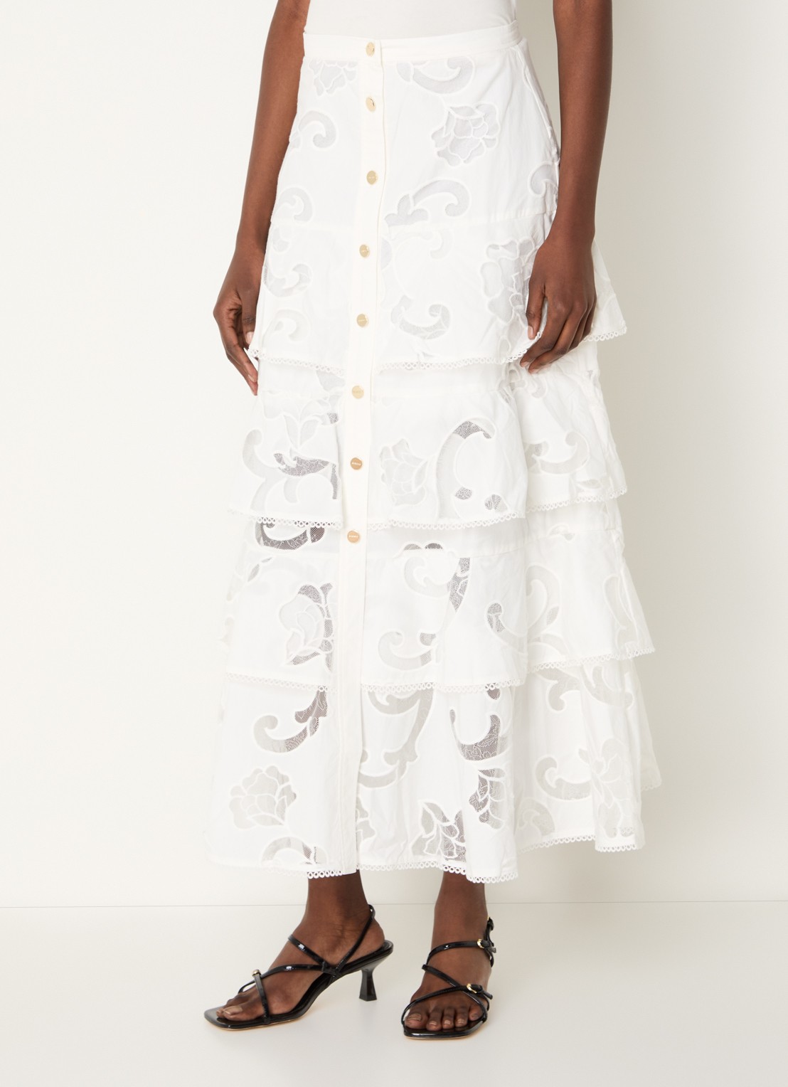 Sandro Maxi rok met broderie en volant - detail wit