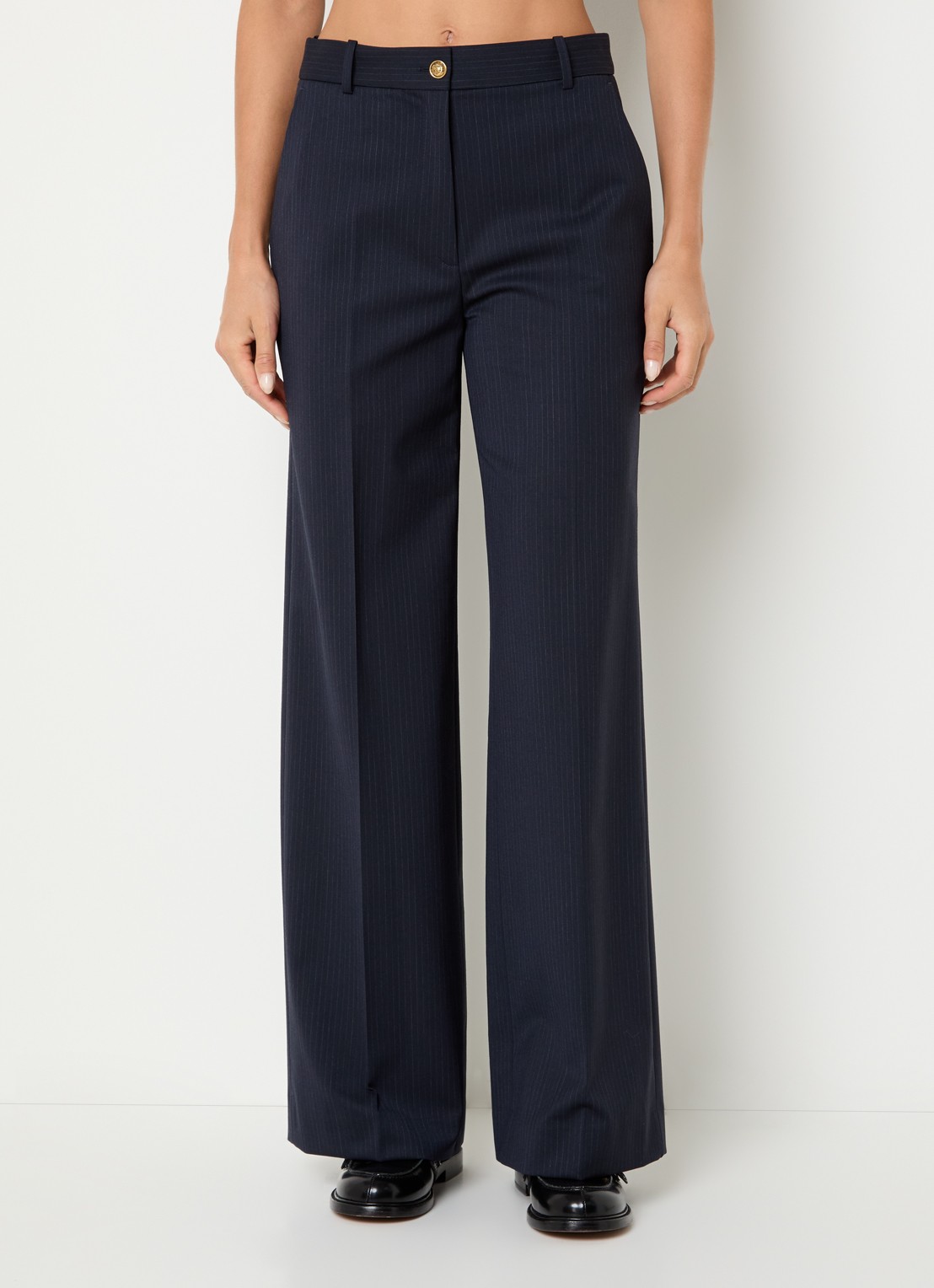 Sandro Mid waist loose fit pantalon in wolblend met streepprint - detail 2 donkerblauw
