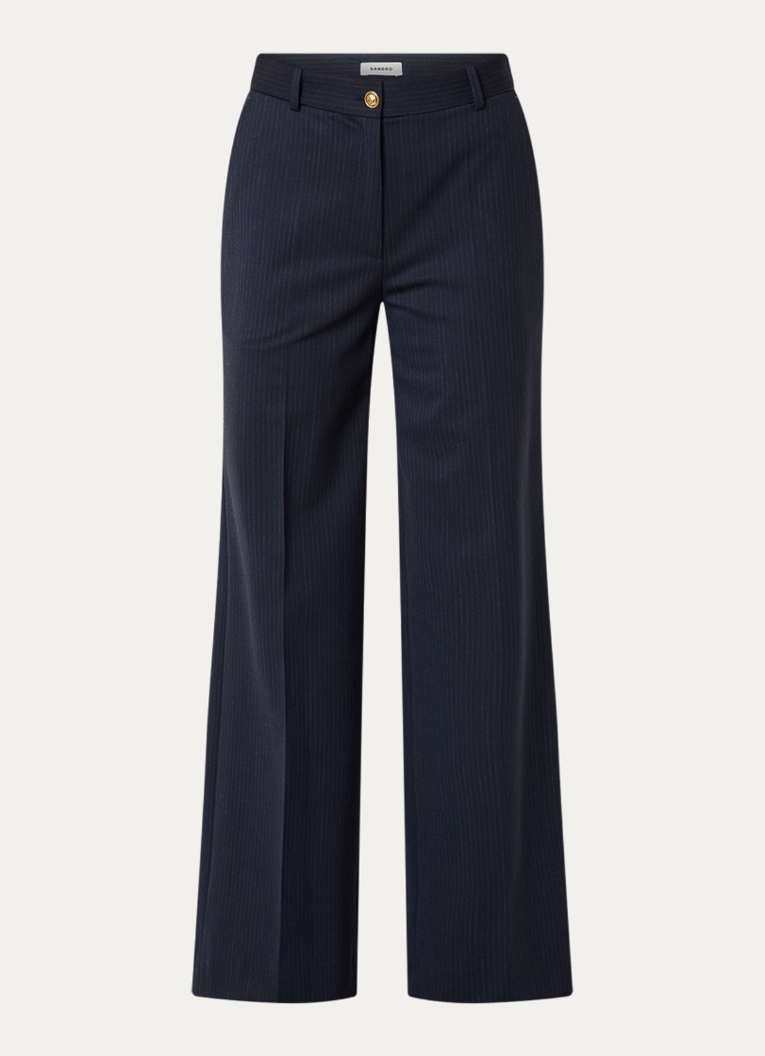 Sandro Mid waist loose fit pantalon in wolblend met streepprint - voorkant 3 donkerblauw