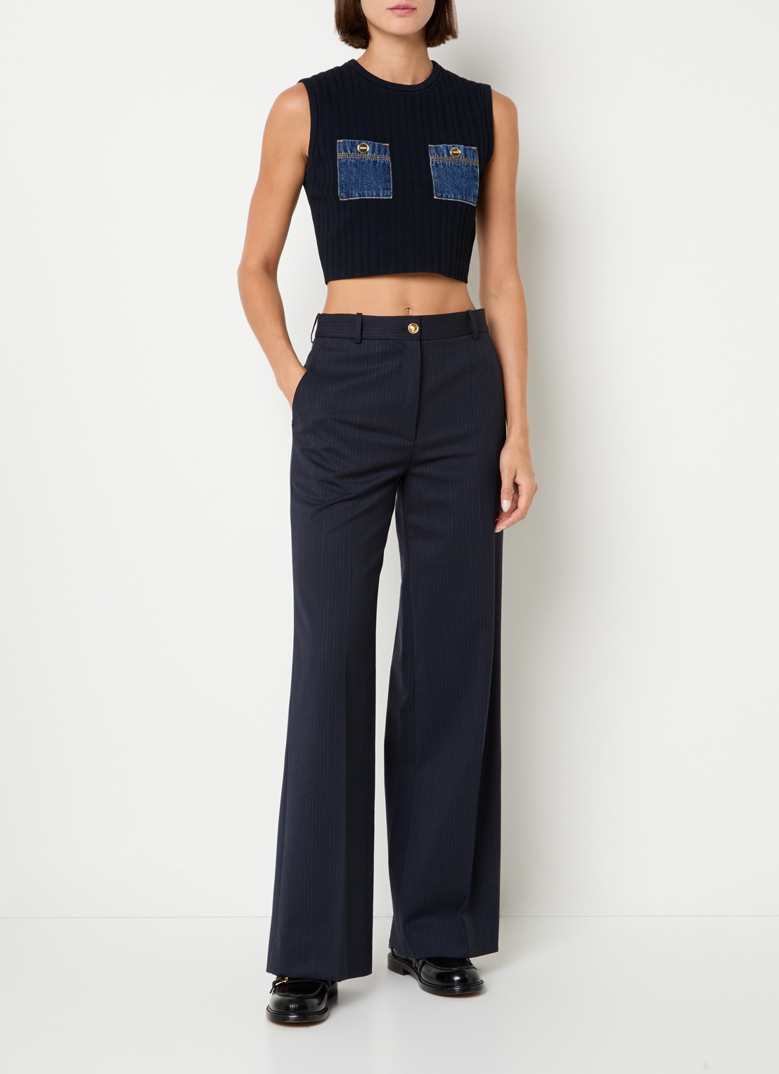Sandro Mid waist loose fit pantalon in wolblend met streepprint - voorkant 4 donkerblauw