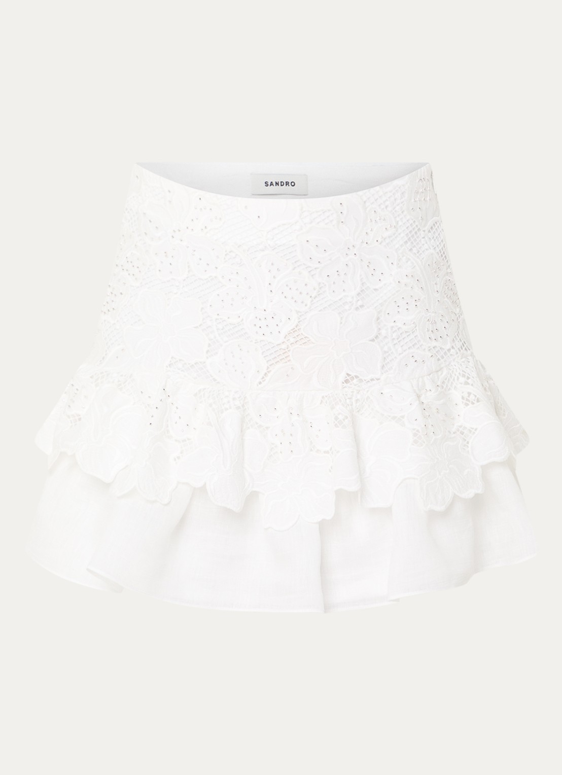 Sandro Mid waist mini rok met broderie - voorkant wit