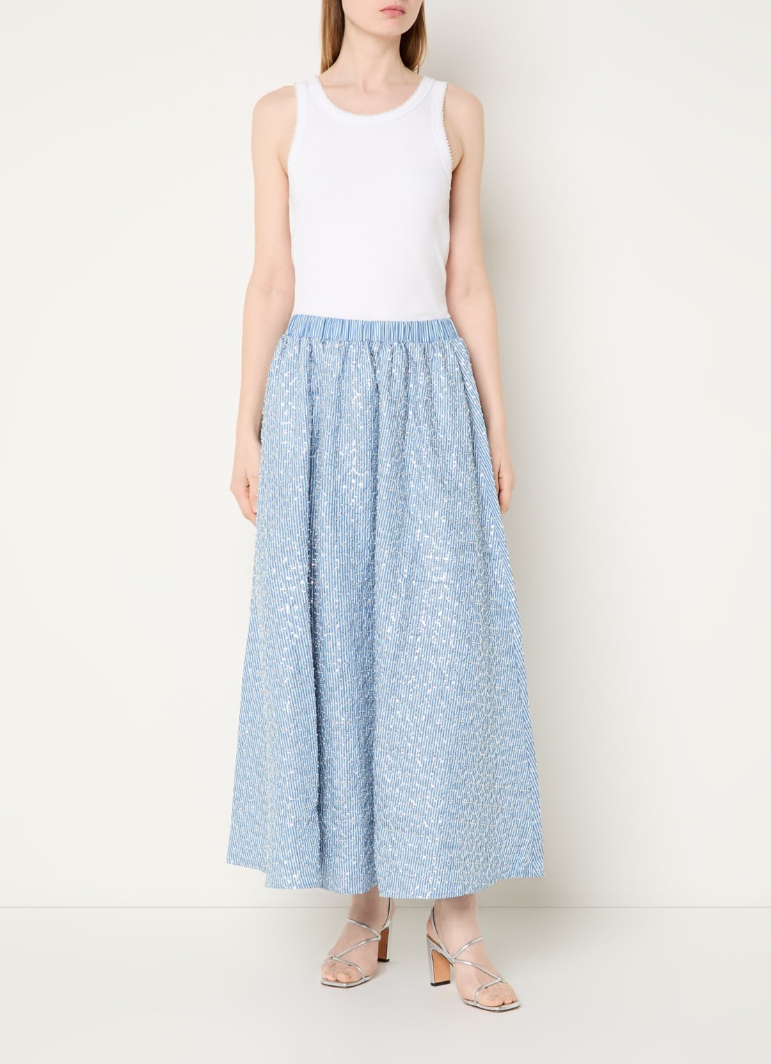 Sandro Midi A-lijn rok met streepprint en strass - voorkant 2 blauw