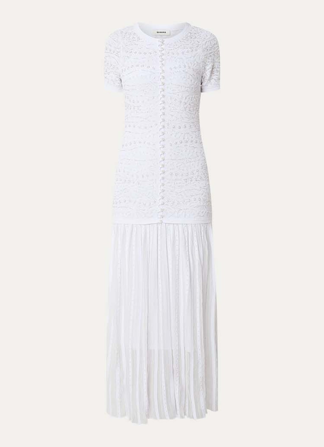 Sandro Midi blousejurk met imitatieparels en broderie - voorkant wit