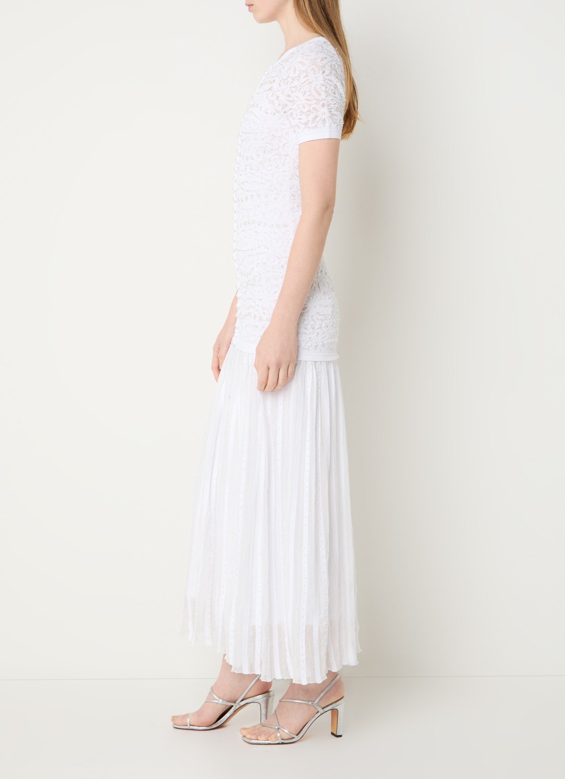 Sandro Midi blousejurk met imitatieparels en broderie - voorkant 2 wit