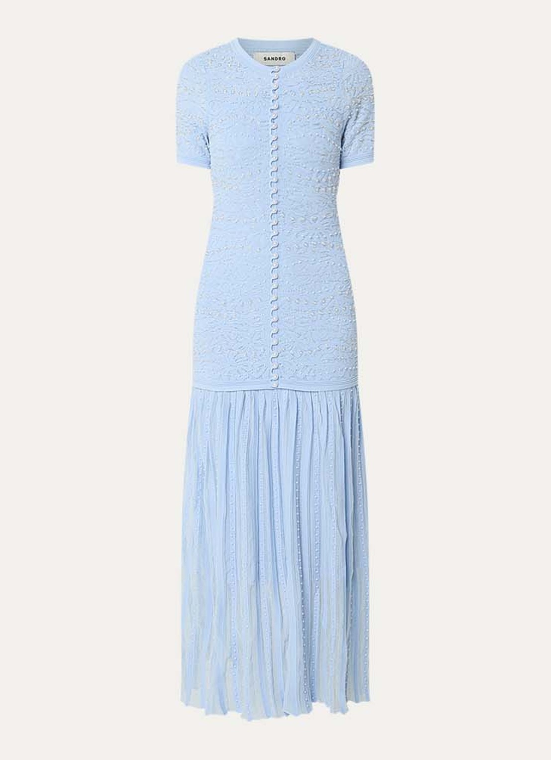 Sandro Midi blousejurk met imitatieparels en broderie - voorkant 2 lichtblauw