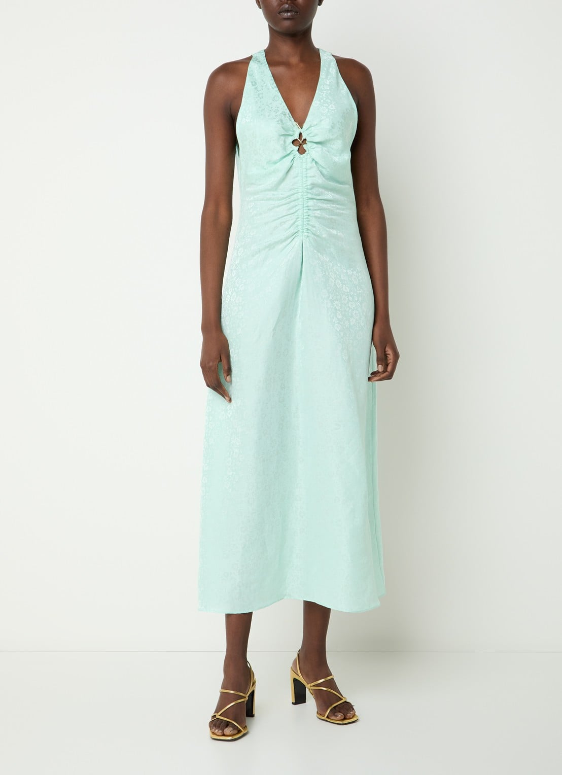 Sandro Midi jurk in linnenblend met jacquard dessin en ruches - detail mint