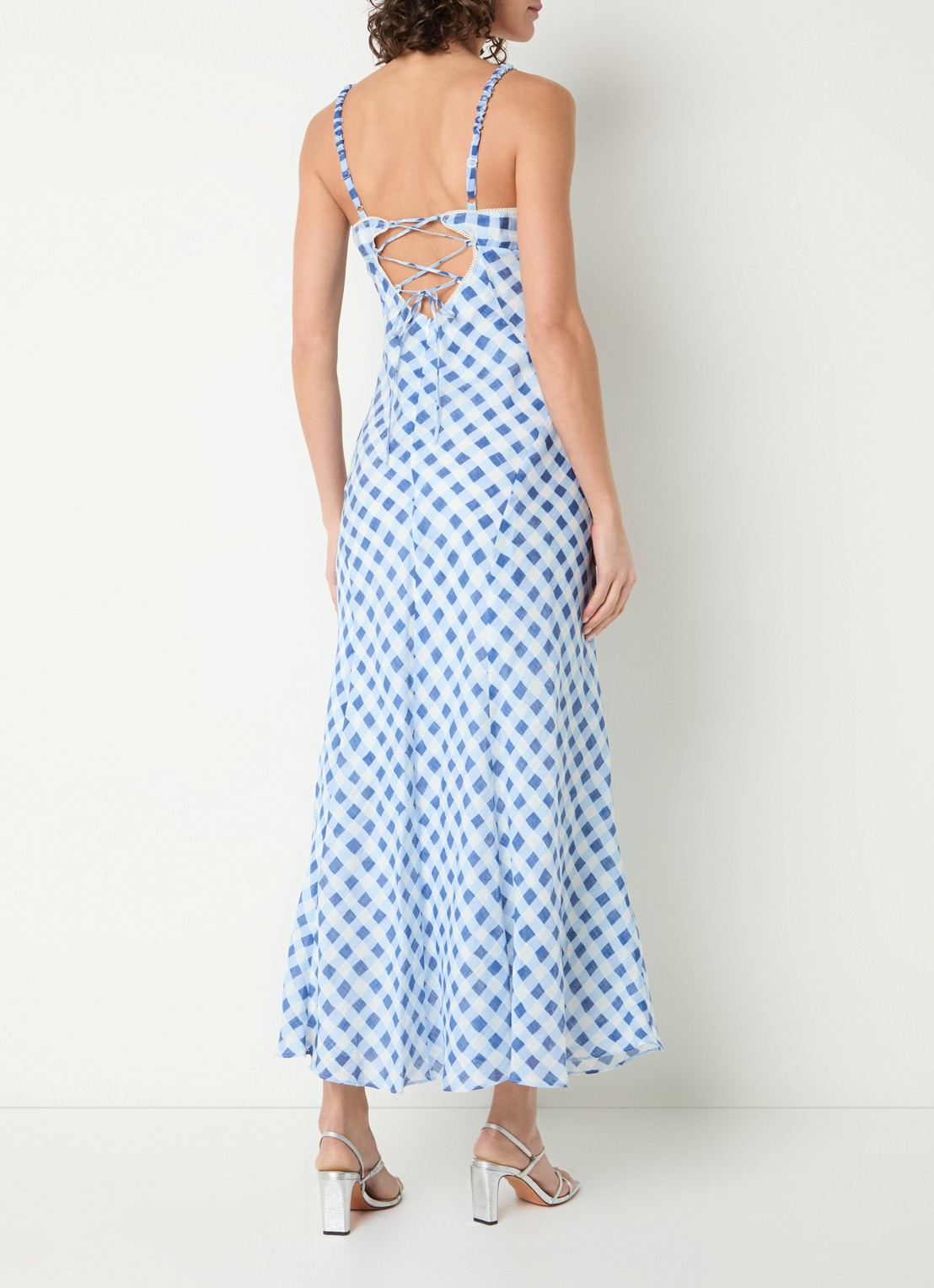 Sandro Midi jurk in linnenblend met ruitdessin en rugdecolleté - achterkant 2 blauw