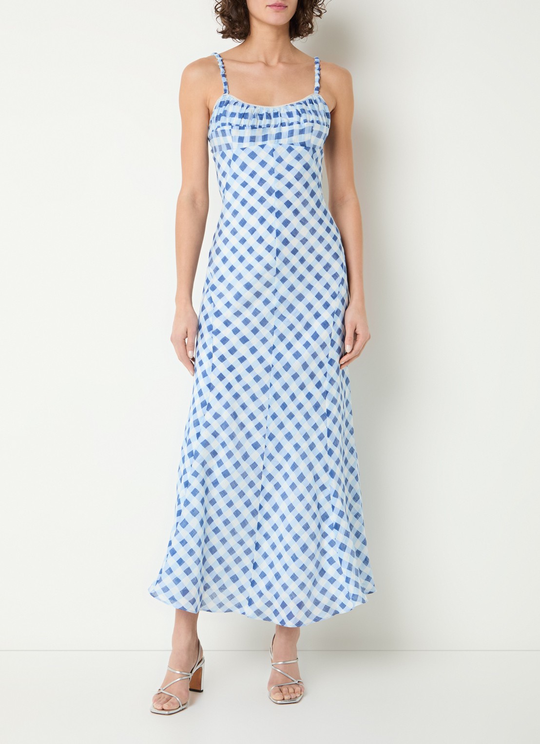 Sandro Midi jurk in linnenblend met ruitdessin en rugdecolleté - detail blauw