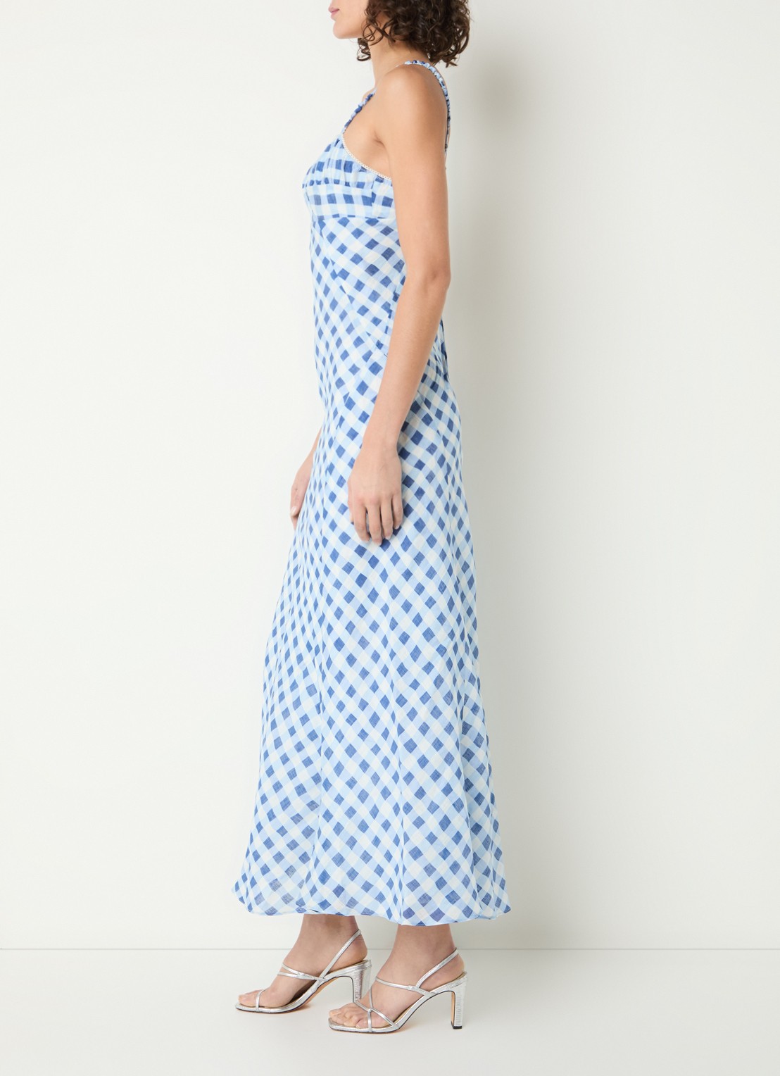 Sandro Midi jurk in linnenblend met ruitdessin en rugdecolleté - voorkant 4 blauw