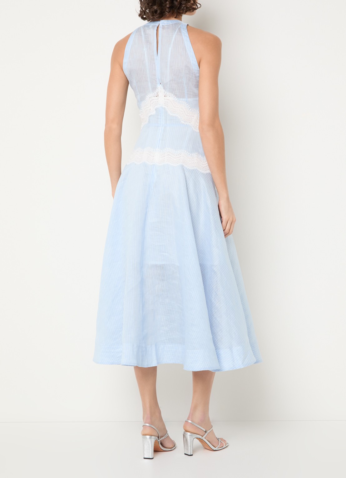 Sandro Midi jurk in linnenblend met streepprint en details van kant - achterkant 3 lichtblauw