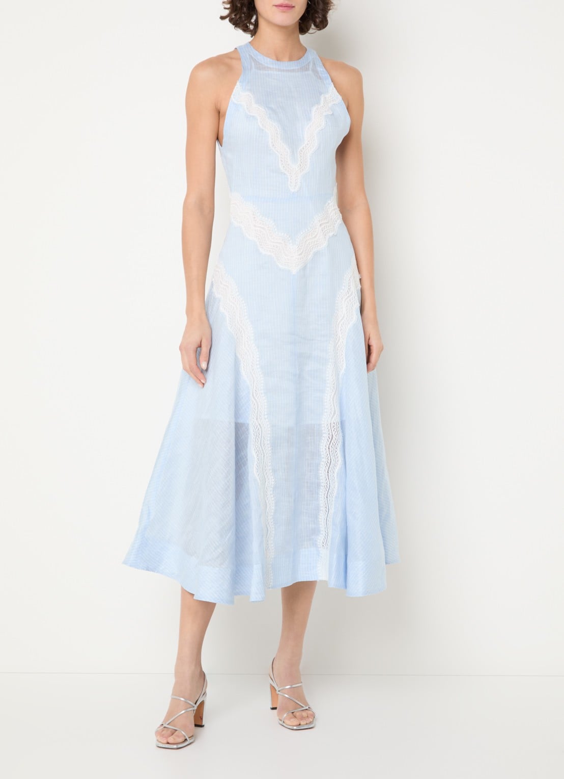 Sandro Midi jurk in linnenblend met streepprint en details van kant - detail 4 lichtblauw