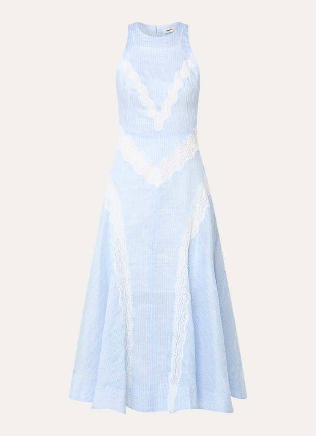 Sandro Midi jurk in linnenblend met streepprint en details van kant - voorkant lichtblauw