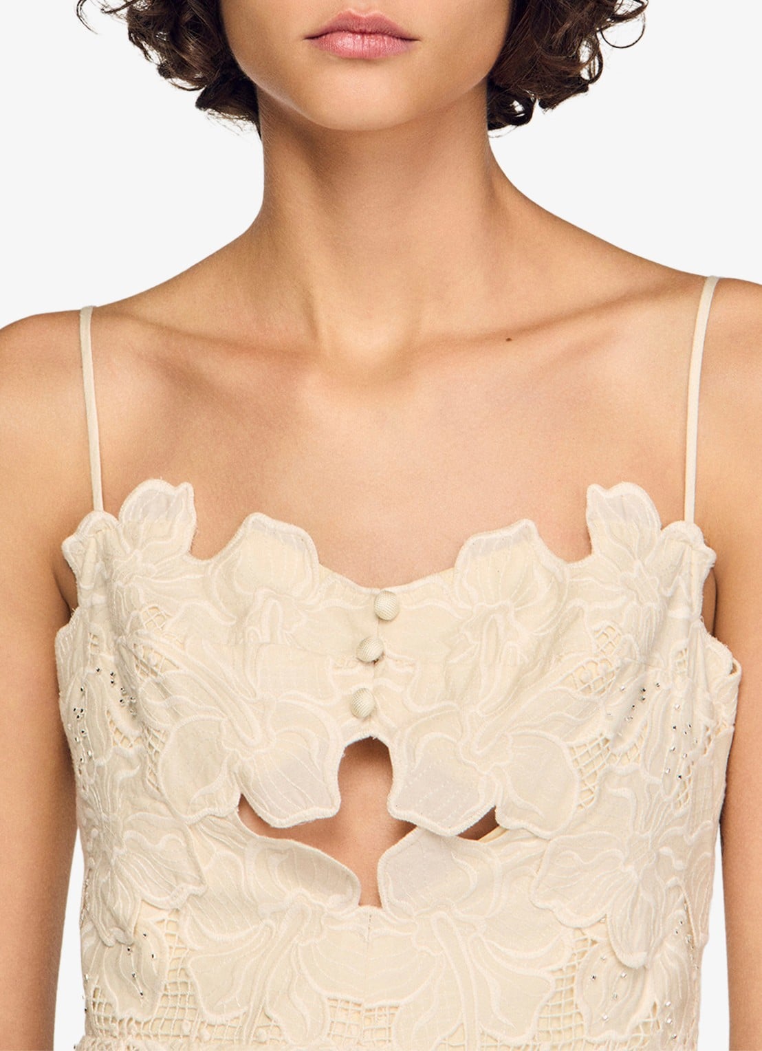 Sandro Midi jurk met bloemborduring - detail beige