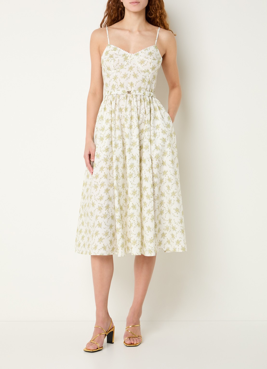 Sandro Midi jurk met bloemenprint en ceintuur - detail gebroken wit