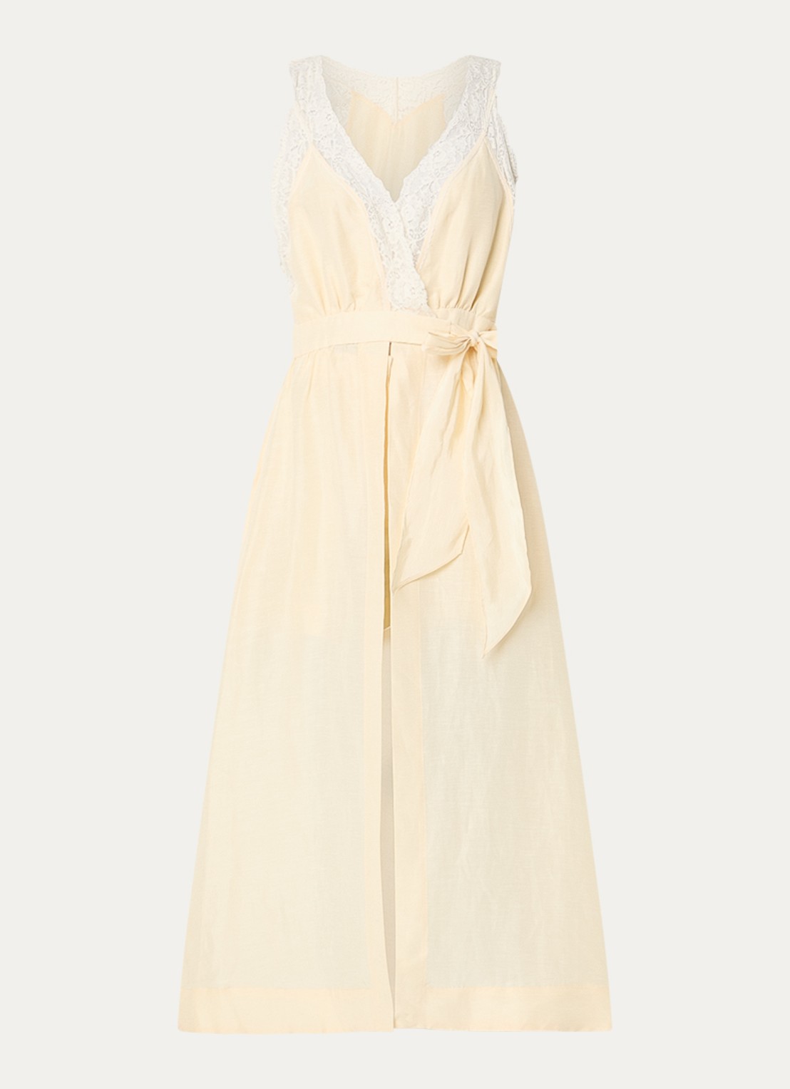 Sandro Midi jurk met ceintuur en broderie - voorkant lichtgeel
