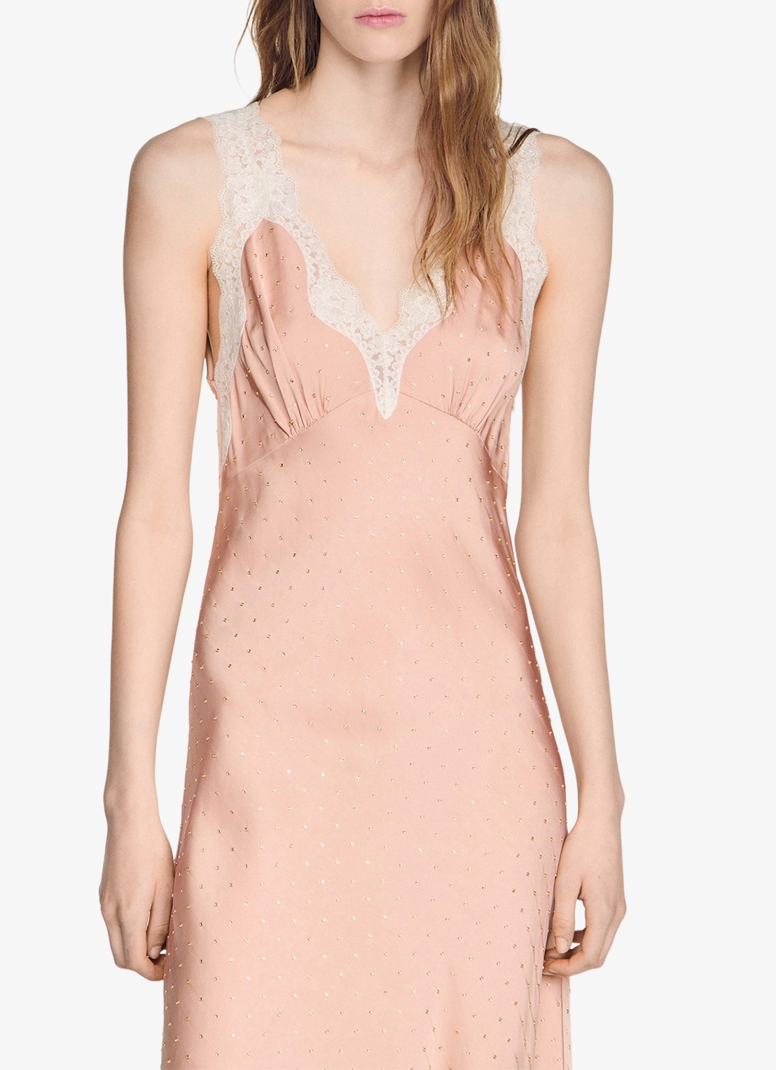 Sandro Midi jurk met pailletten en details van kant - detail 4 oudroze