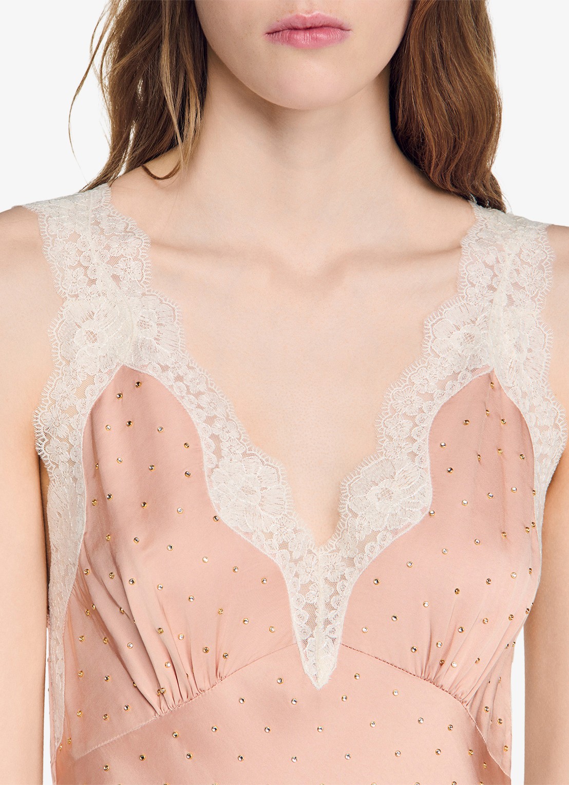 Sandro Midi jurk met pailletten en details van kant - detail 5 oudroze
