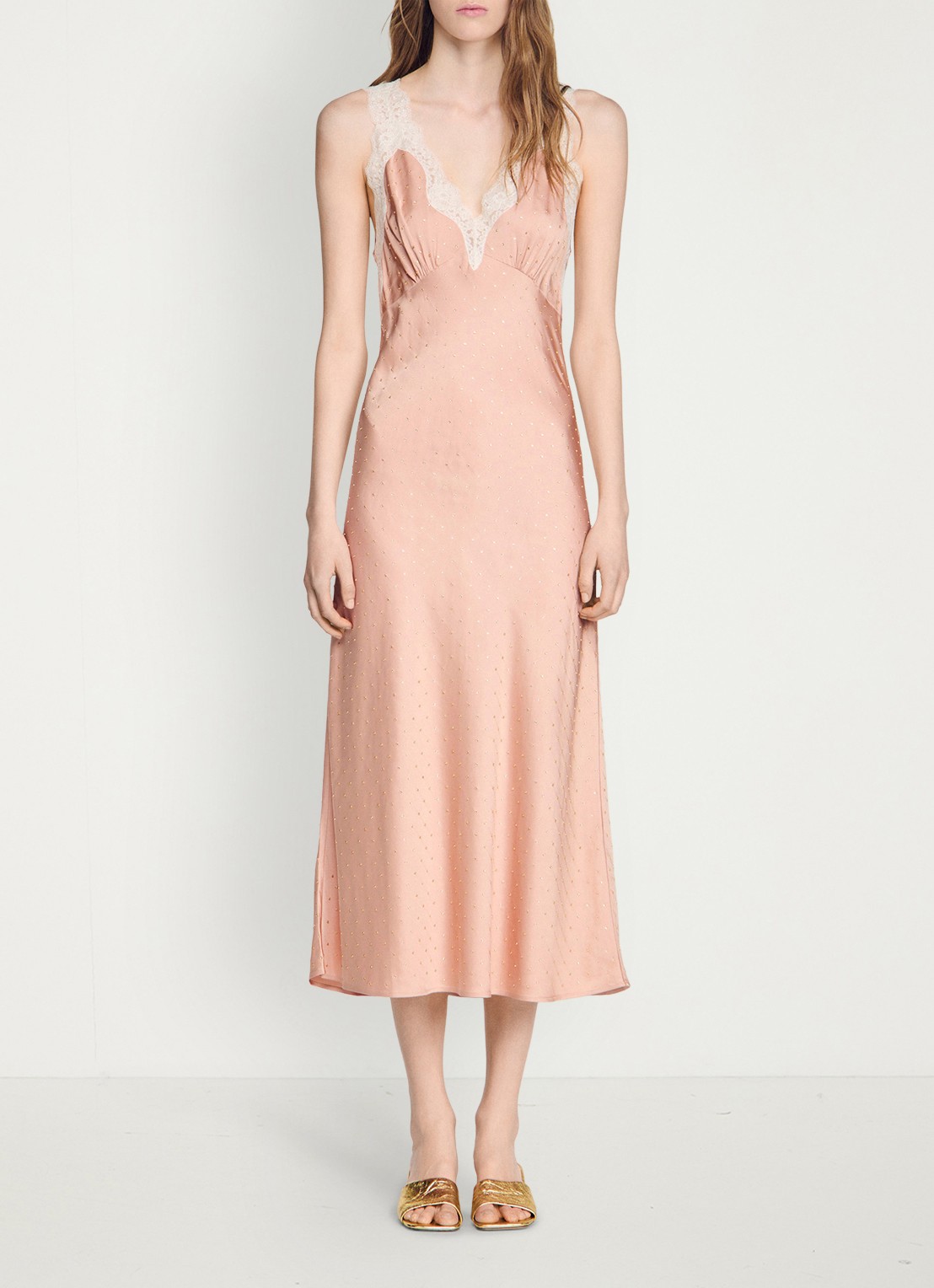 Sandro Midi jurk met pailletten en details van kant - detail 6 oudroze