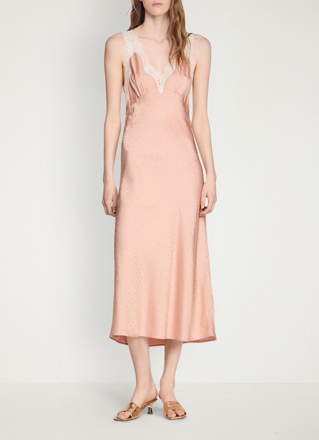 Sandro Midi jurk met pailletten en details van kant - voorkant 2 oudroze