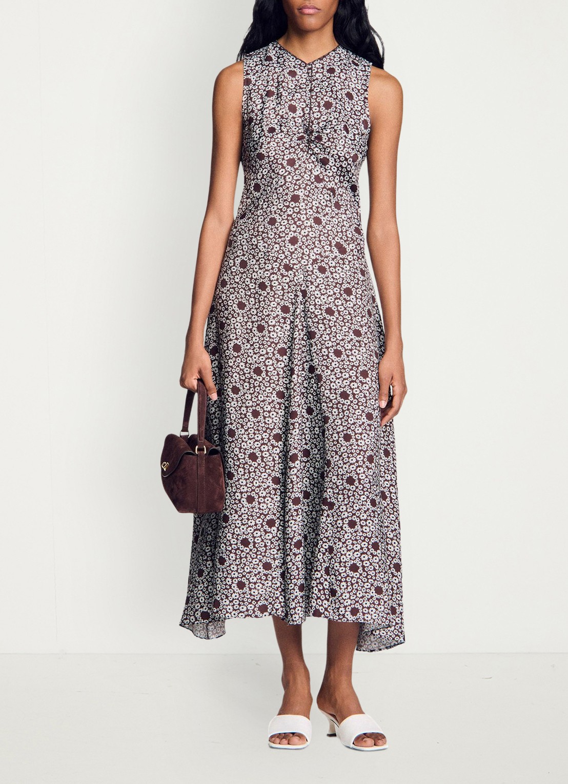 Sandro Midi jurk met ronde hals en bloemenprint - voorkant 2 bruin