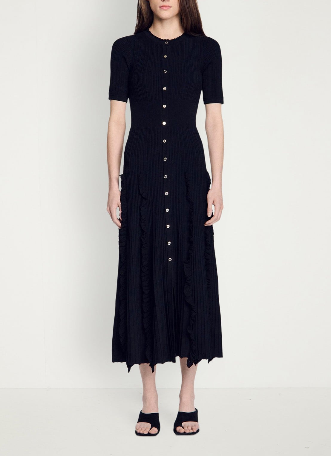 Sandro Midi jurk met volant en ribstructuur - detail 3 zwart