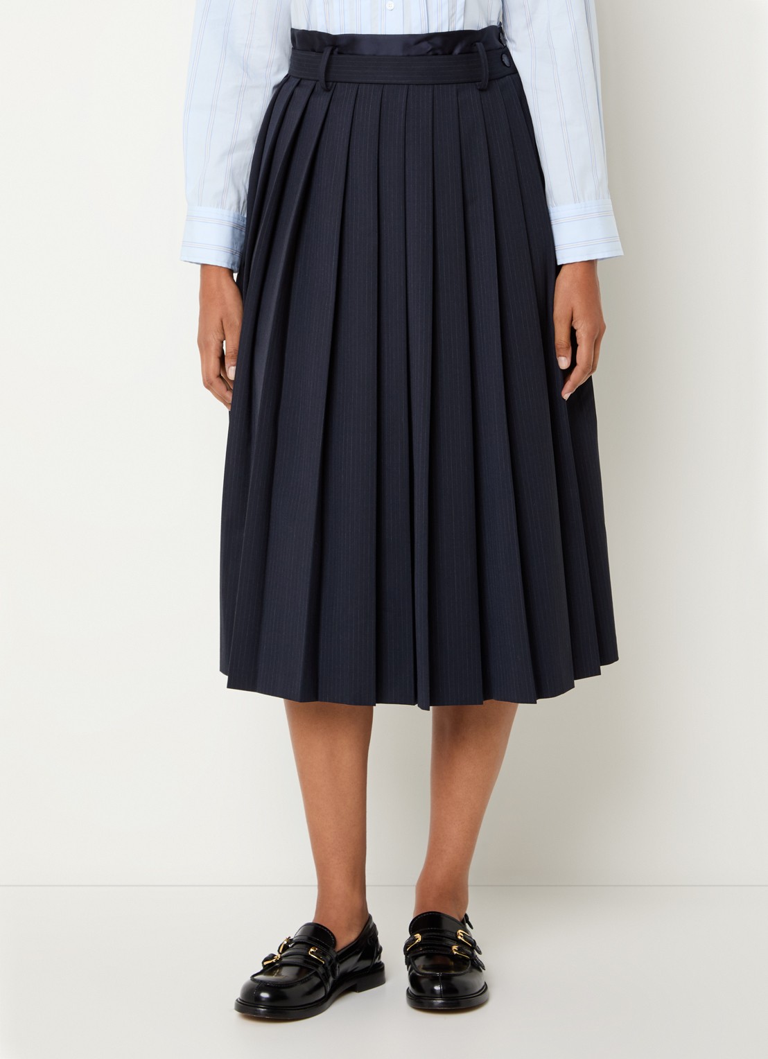 Sandro Midi plooirok in wolblend met streepprint - detail donkerblauw