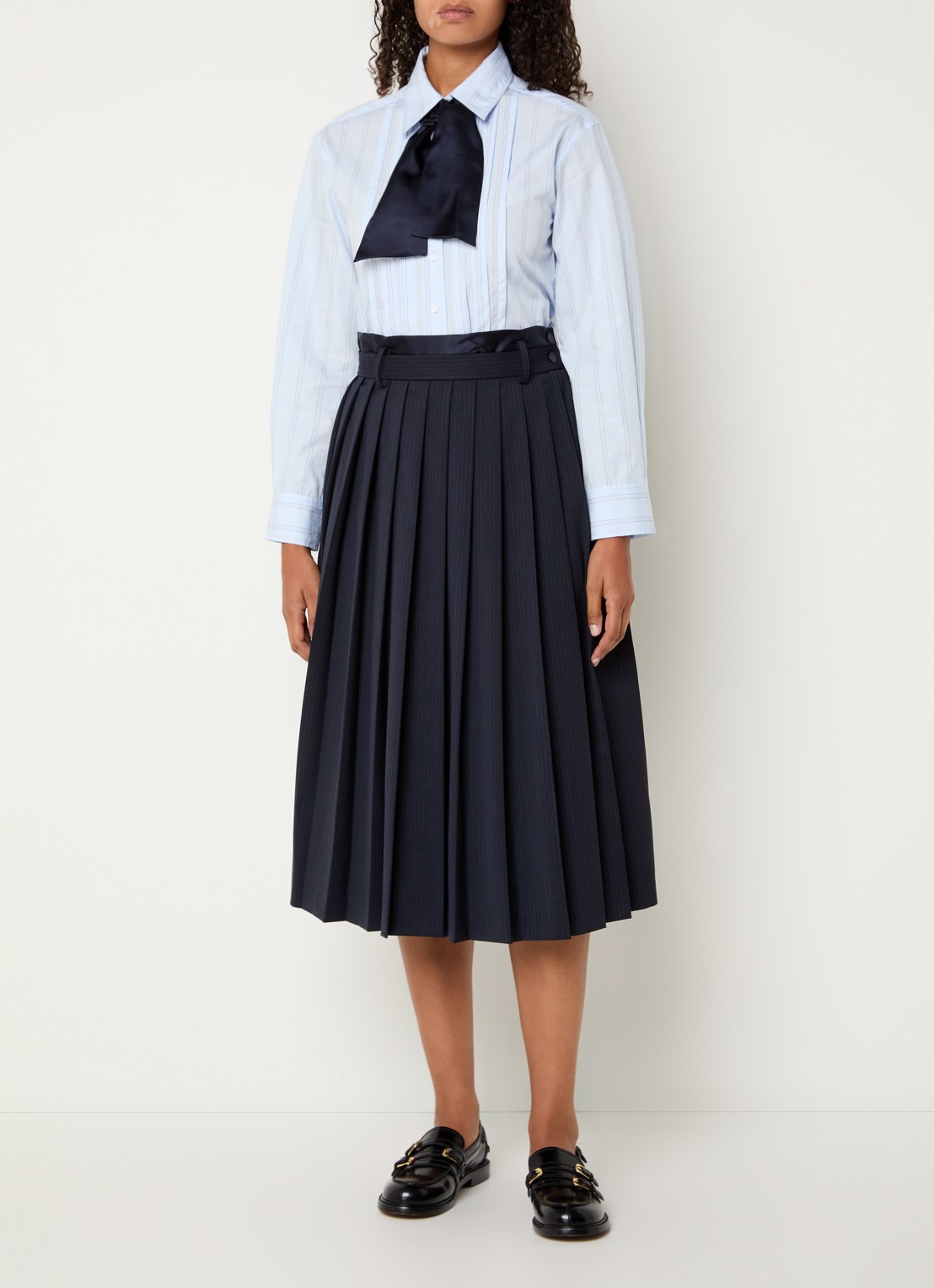 Sandro Midi plooirok in wolblend met streepprint - voorkant 4 donkerblauw