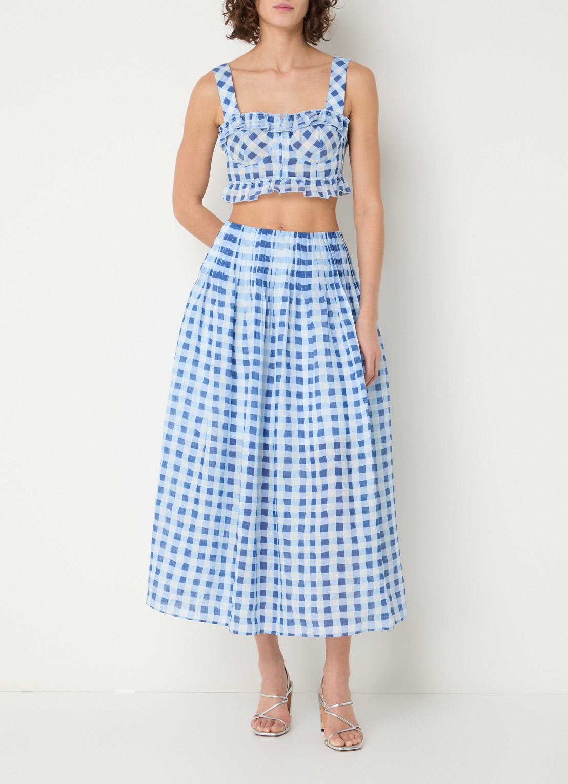 Sandro Midi rok in linnenblend met ruitdessin - voorkant 2 blauw