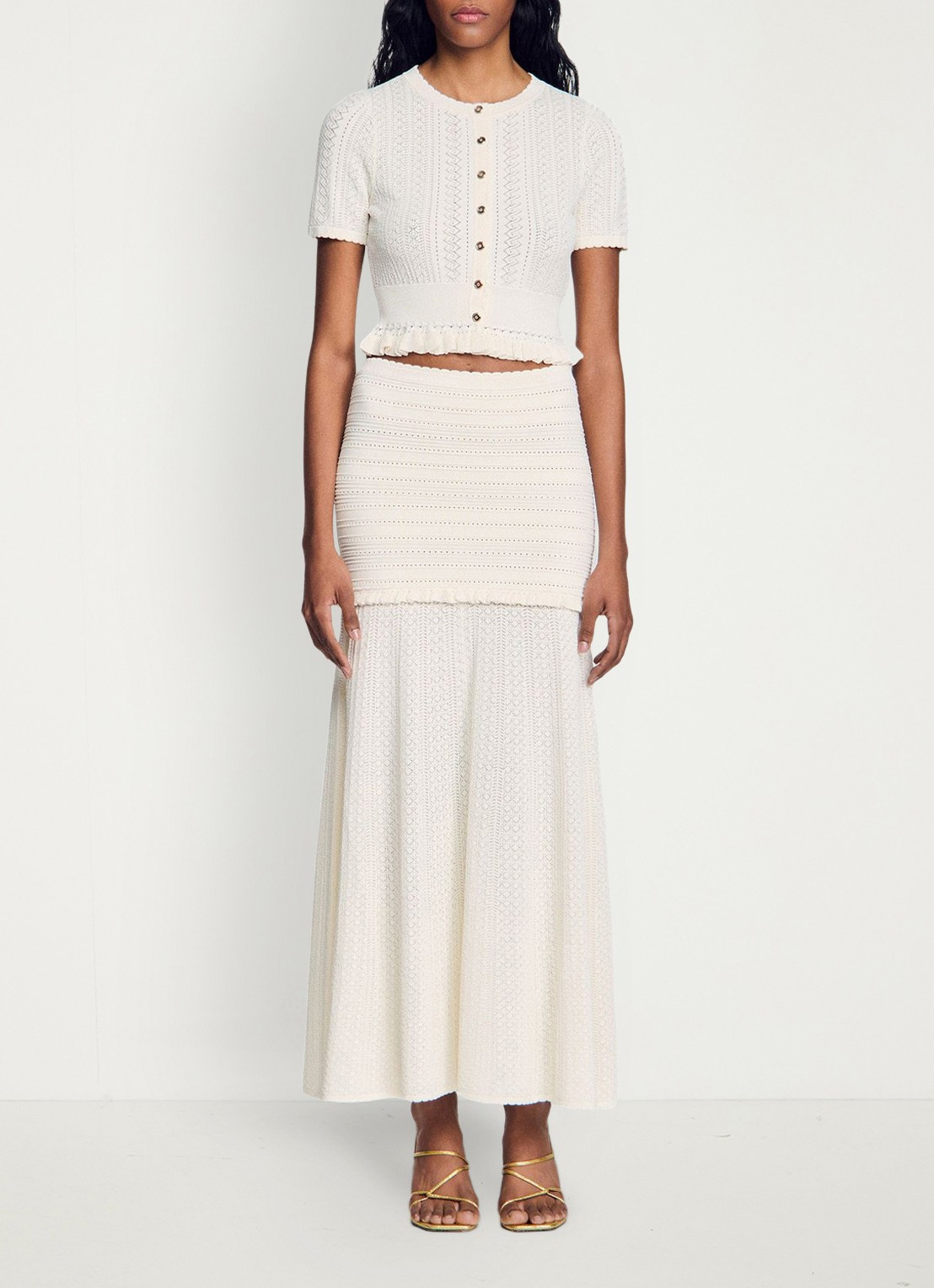 Sandro Midi rok met opengewerkt dessin - voorkant 2 beige