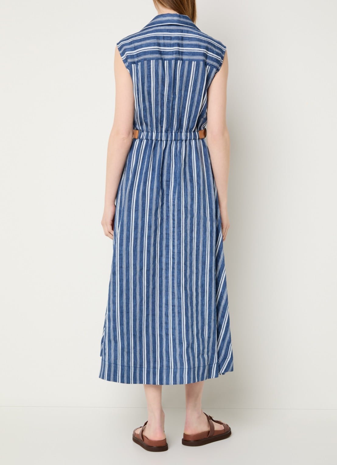 Sandro Midi tuniekjurk in linnenblend met streepprint en ceintuur - achterkant indigo