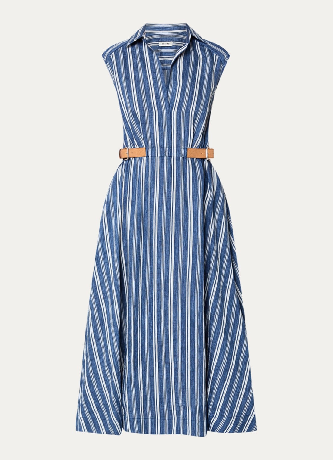 Sandro Midi tuniekjurk in linnenblend met streepprint en ceintuur - voorkant 2 indigo